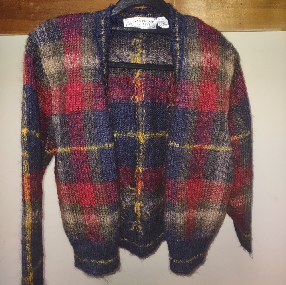 Evan Picone Petites red blue yellow plaid Cardigan sweater S vtg